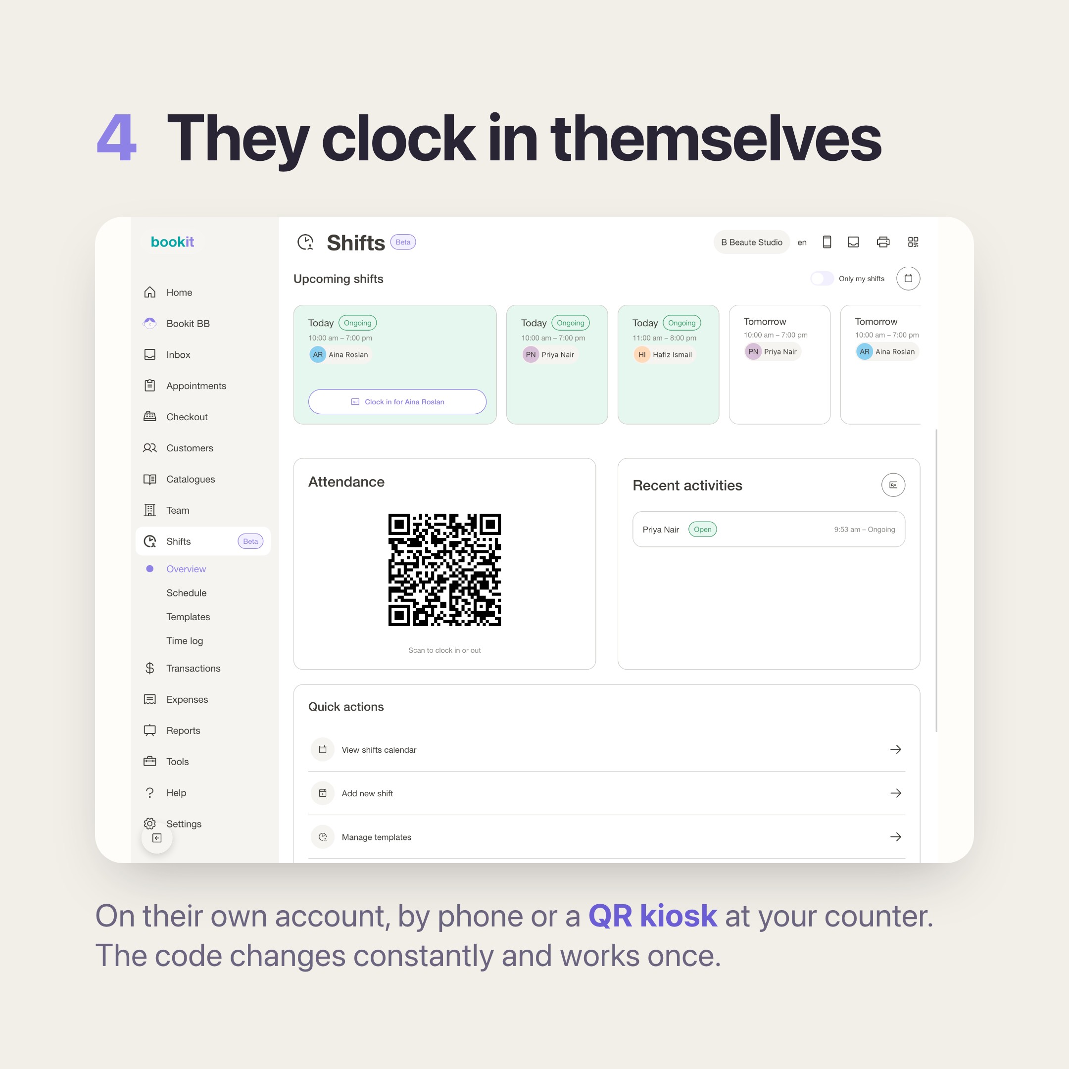 Fix two — the clock-in options: QR kiosk at the counter, GPS check on their phone, or no check.