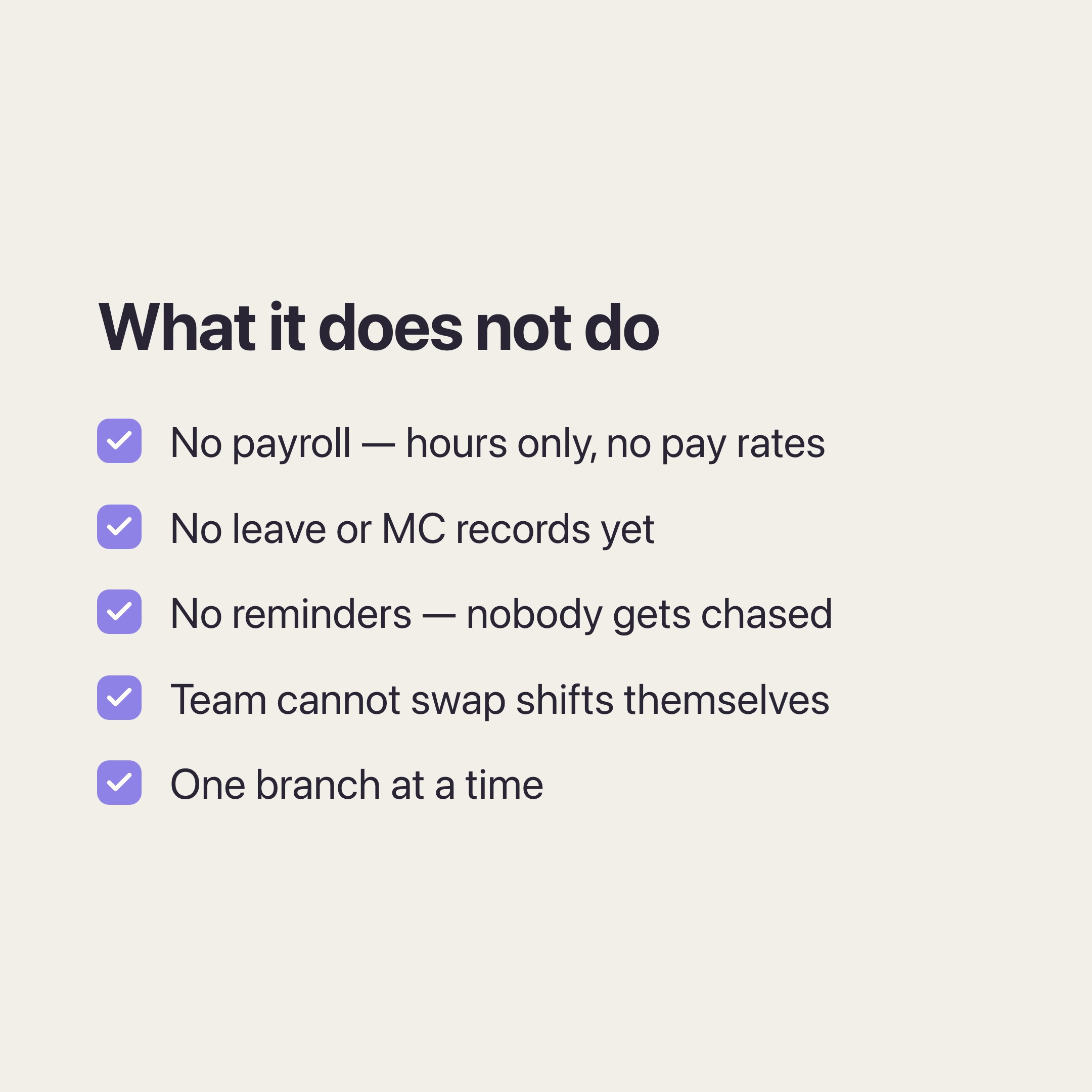 The limits — no payroll, no leave records, no reminders, no shift swaps, and one branch at a time.